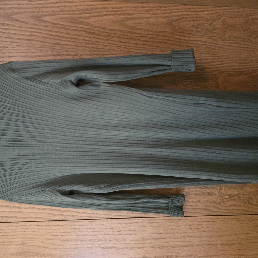 Olive Green Ribbed Long Cardigan - Picture 2 of 4
